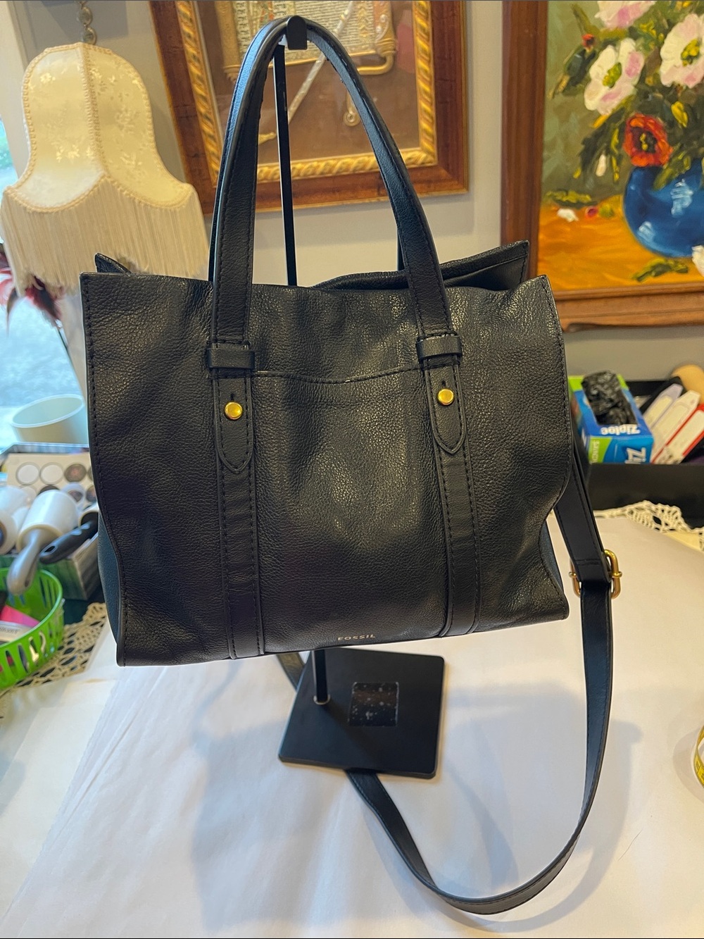 Fossil Black Cow Hide Soft Butter Leather Tote with Gold Accents